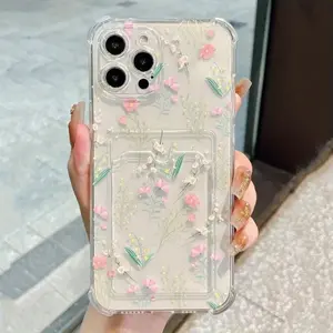 Dainty Mini Floral Clear Card Holder Phone Case | Shockproof for iPhone 11-16 Pro Max/Pro/Plus