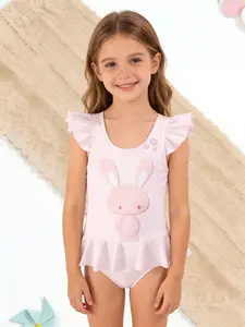 Cute Bunny Print Girls Swimwear, Flutter Sleeve One Piece Bathing Suit for Toddlers, Summer Quick Dry Beach Pool Suit