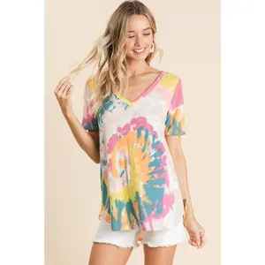 BiBi Circular Tie Dye Print V Neck Top