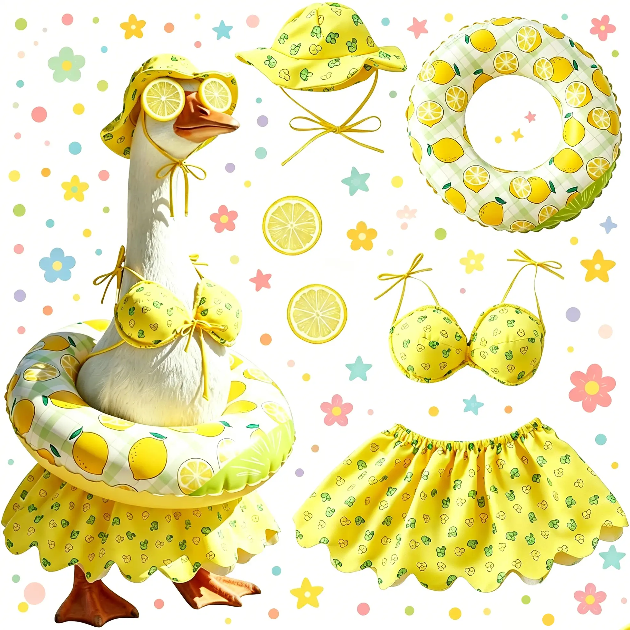 Cute Bikini Porch Goose Outfits Summer Lemon Themed Lawn Goose Outfit Set, with Lemon Hat & Inflatable Swim Ring, Porch Goose Costume for 23' Cement Goose Statue, Pool Beach Garden Costume Yard Decor