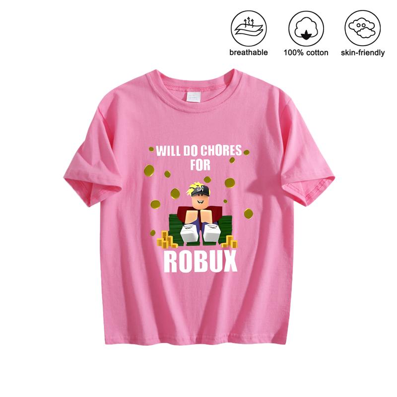 Pink Crew Neck Short Sleeve T Shirt With Roblox Character And Will Do Chores For Robux Graphic Print Soft Breathable 100 Cotton Skin Friendly Casual Top For Spring Summer Everyday Wear Vacation Outfit Student Comfortable