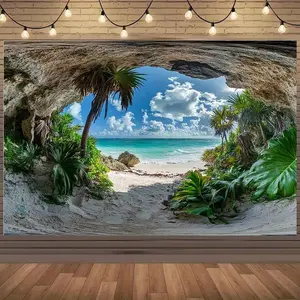1pc 2D Flat Tropical Beach Cave Backdrop with Palm Trees, Clear Blue Sky & Ocean Waves - Durable Polyester Fabric Photo Booth Background for Birthday Parties, Outdoor Celebrations, Festivals - N