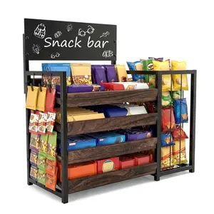 Snack Organizer for Countertop, Candy and Chip Rack Display Stand with Snack Clips, Wooden Counters Basket, Snack Shelf, Snack Rack Display Stand for Pantry, Counter, Office, Store