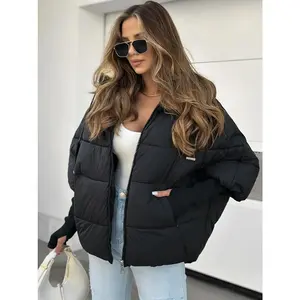 Women's Oversized Winter Warm Full-Zip Hooded Jacket with Full-Zip Closure, Thick Puffer Coat for Cold Weather, Machine Washable Casual Outerwear, Black Trench Coat for Everyday & Formal Outfits, Long Sleeve Relaxed Fit with Front