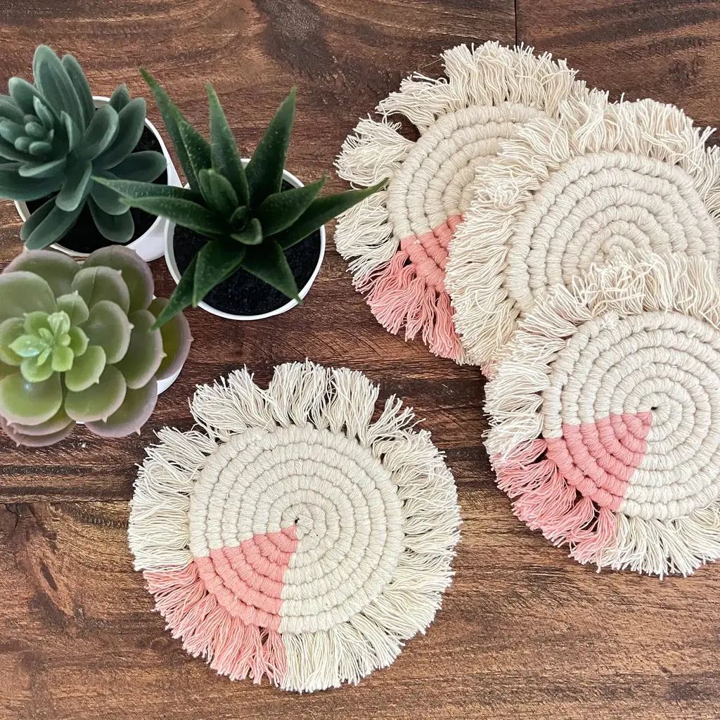 Eco-Friendly Denim Tableware Macrame Coasters - Blush Pink, Fringe Detail, 4-Piece Set