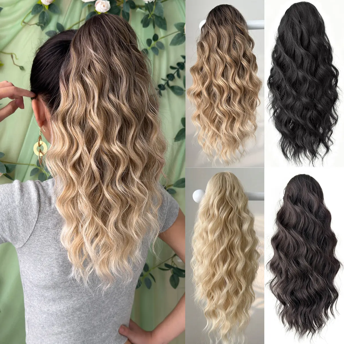 HEYPINK Short Claw Ponytail Extension - 18in Black-Brown Ombre Water Wave, Heat-Resistant Synthetic Fiber Hairpiece with Hair Transition for Women, Party & Daily Use