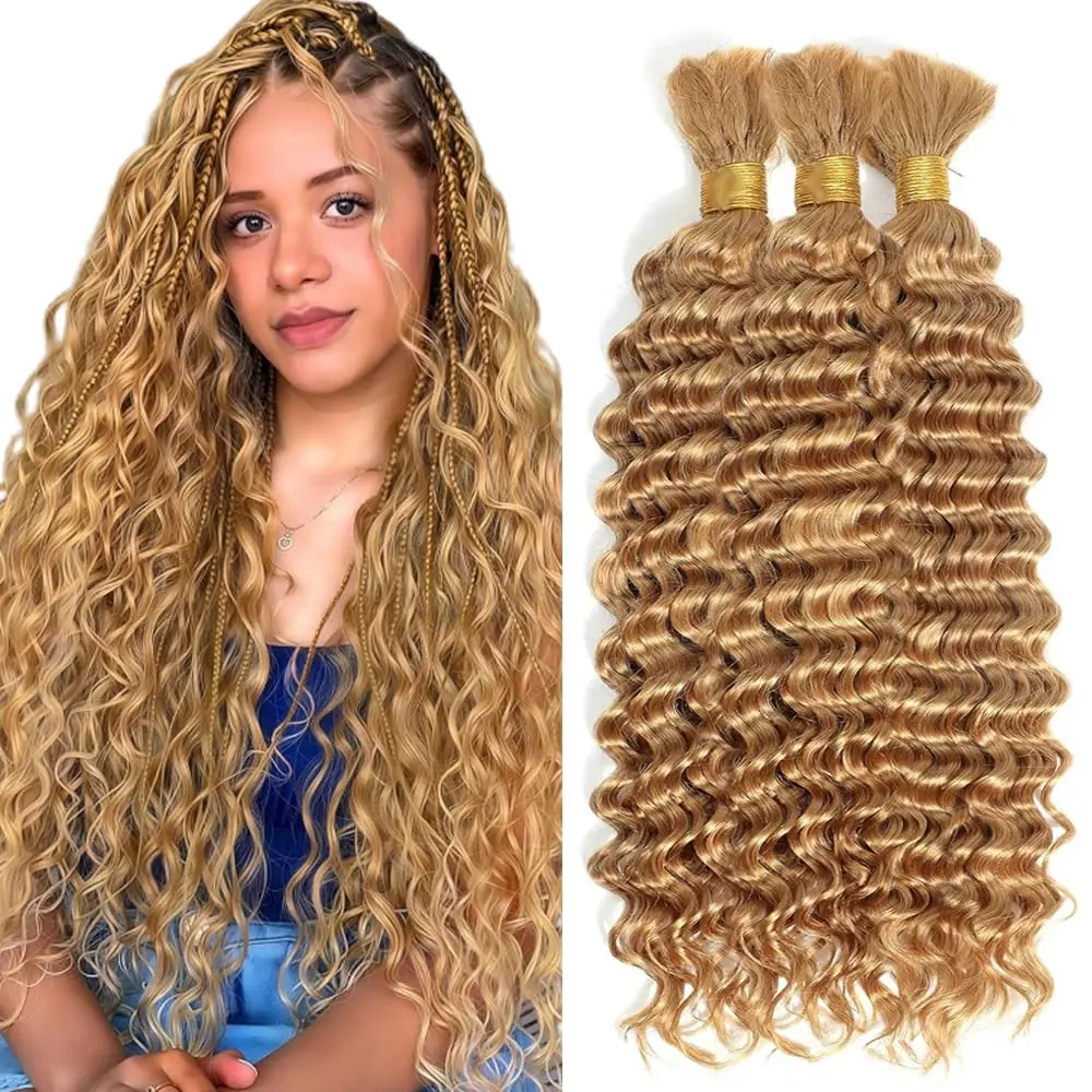 #27 Honey Blonde Human Braiding Hair for Boho Braids 150g 3 Bundles 14 14 14 Inch Honey Blonde Deep Wave Bulk Hair No Weft#27 Curly Human Hair Extensions for Braids