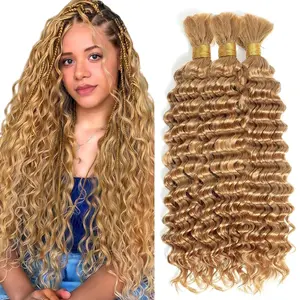 #27 Honey Blonde Human Braiding Hair for Boho Braids 150g 3 Bundles 14 14 14 Inch Honey Blonde Deep Wave Bulk Hair No Weft#27 Curly Human Hair Extensions for Braids