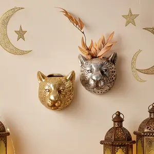 European Vintage Leopard Head Wall Decor, Silver Color Foil, Dual Use Flower Holder Storage, Wall Mount Organizer, Cute Animal Home Decoration, Room Decor, Wall Mounted Holder