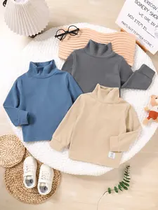 3-piece Casual And Cute Little Boy T-shirt Set, Soft And Comfortable, Solid Color Detail Patch High Neck Long Sleeved T-shirt
