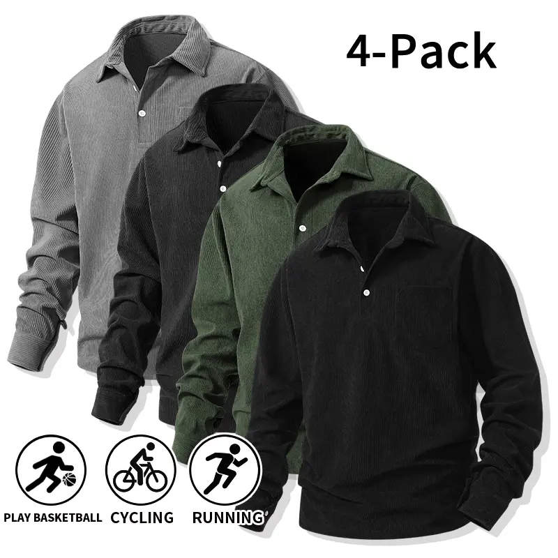 4-Pack Soft Corduroy Long Sleeve Polo Shirts for Men, Loose Fit, Collared Pullovers — Sports/Cycling/Basketball Training/Casual Everyday Wear Tops