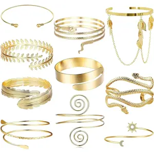 6-10Pcs Arm Cuff Bracelets for Women Upper Arm Bands Snake Feather Armband Greek Goddess Filigree Swirl Boho Armlet Cuff Bangle Adjustable Golden/Silvery Arm Bracelet Set