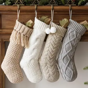 Christmas Stockings: 4 Pack 18 Inch Cable Knit Fireplace Stockings, Cozy Hanging Xmas Stockings Boho Farmhouse Knitted Stocking Decorations for Family Holiday Décor, White Gray Beige