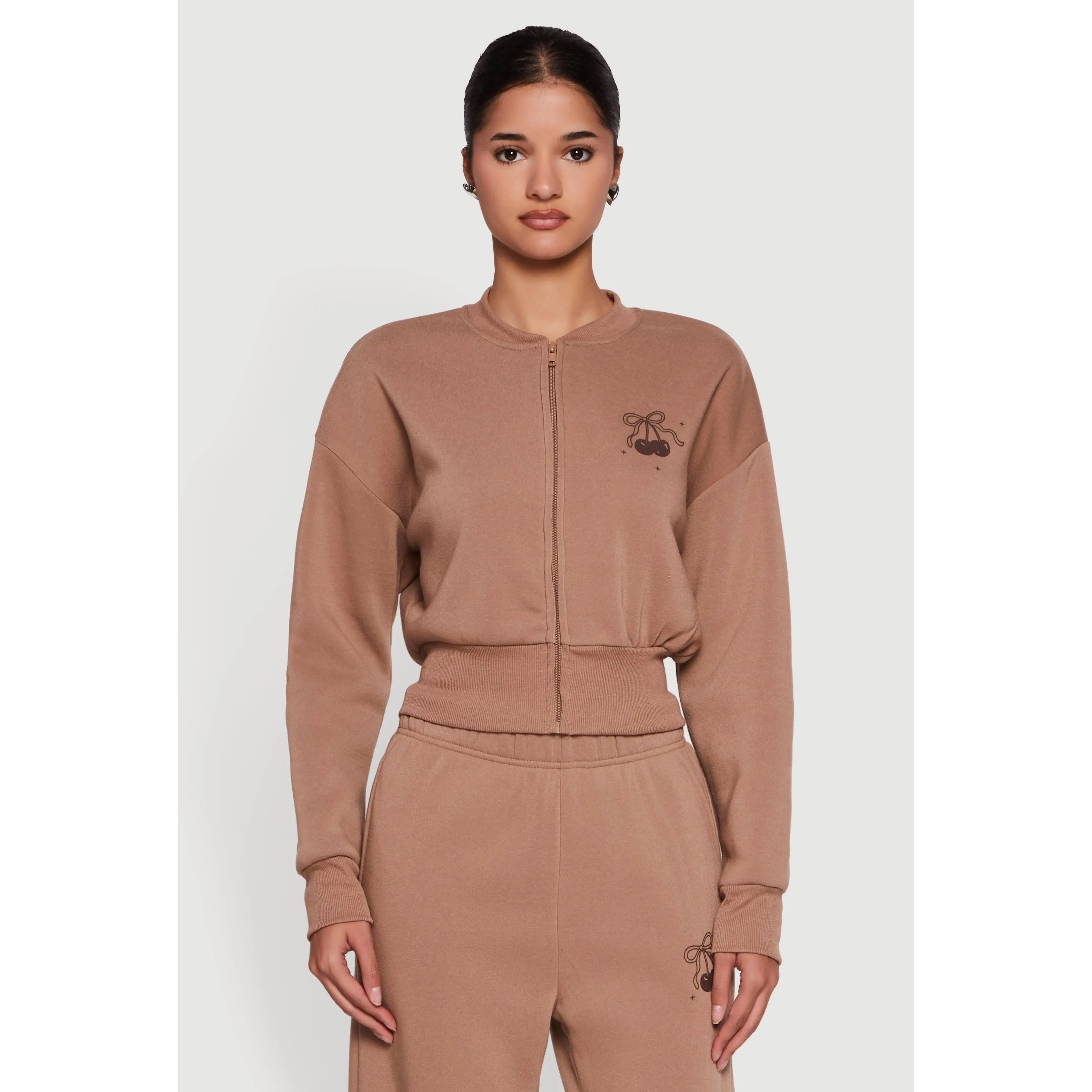 Cherry Bow Graphic Detail Zip Front Sweatshirt