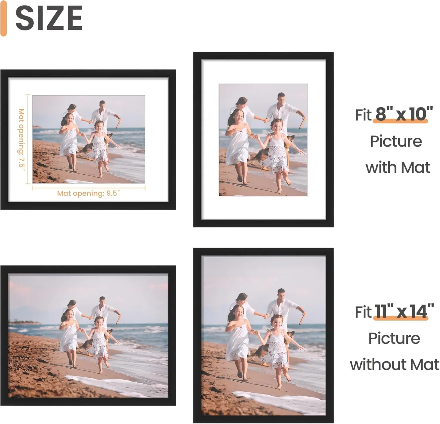 Black 11x14 Lightweight Minimalist Picture Frame - 1 Pack, Displays 8x10 Photos with Mat or 11x14 Without Mat, Wall-Mounted Decor for Artwork, Ideal Gifts