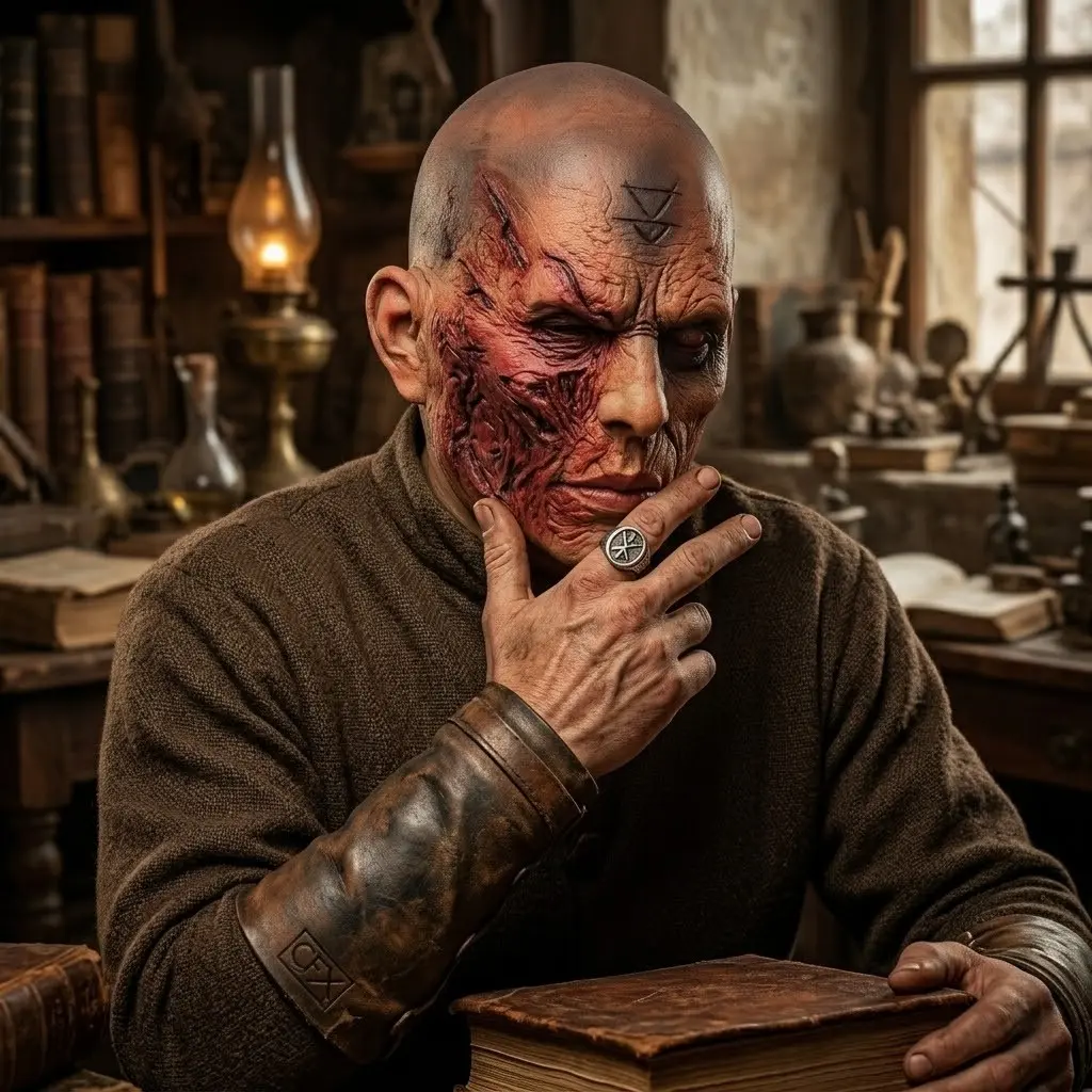 Realistic Cursed Half-Rotten Face Mask, Creepy Spooky Scary Bald Zombie Mask with Burned Skin Texture & Symbol Mark, Breathable Latex Full-Face Horror Costume Prop for Adult Halloween, Cosplay, Haunted House & Themed Parties Party Event Props
