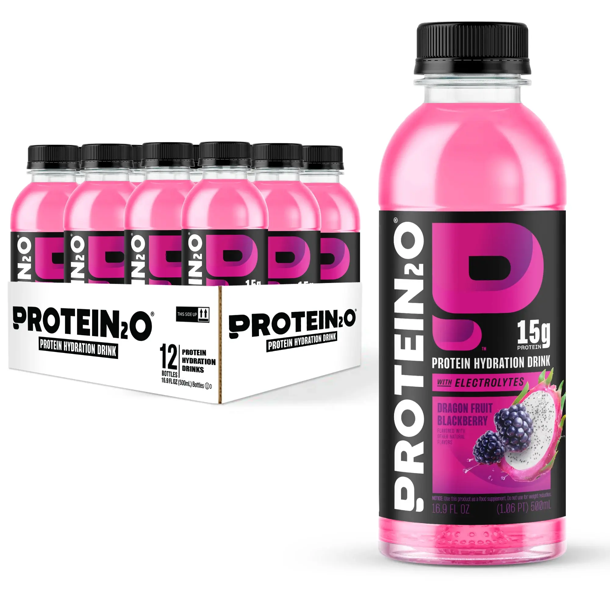 15g Whey Protein Isolate Hydration Drink, 350mg of Electrolytes, Vitamins B5 & B6, Sugar Free, Dragon fruit Blackberry, 16.9 oz Bottle (Pack of 12)