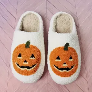 Pumpkin Jack O' Lantern Halloween Slippers - Cute House Shoes for Girls, Soft Bedroom Footwear, Ideal for Fall and Halloween Outfits Slide Flipflop