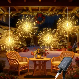 4Pcs Hanging Fairy Light Strings, 240 LED Beads, Copper Wire Twinkling Fireworks Lights, 8 Lighting Modes, Solar Powered, IP44, Christmas, Valentine's Day, Outdoor Twinkle Lights, Suitable for Decor Homes, Gardens, Yards, Parties