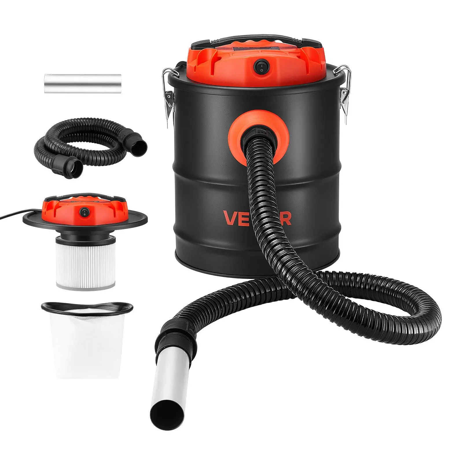 VEVOR Ash Vacuum 4 Gallon, 1200W Powerful Fireplace Cleaner Steel Body, for Fireplaces, Pellet Stoves, Wood Stoves, Fire Pits, Grills, Double Stage Filtration System, 4 FT Hose, Black & Orange