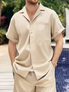 Men's Beige Minimalist, Casual Home Loungewear 2-Piece Set - Short-Sleeve Lapel Shirt (Chest Pocket Design) + Drawstring Waist Shorts, Lightweight Breathable Fabric, Relaxed Oversize Fit, Ideal for Lazy Weekend Lounging, At-Home Light Work