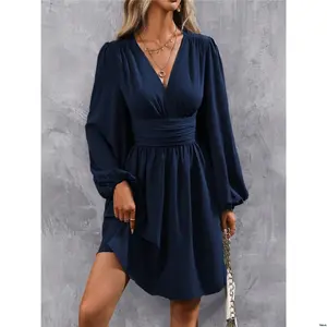 Dress Lantern Surplice Clasi tiktok Neck Sleeve Ruched Waist