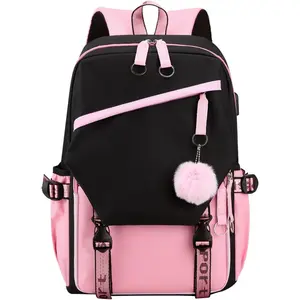 Alikpop Teen Girls Laptop Backpack Junior Middle School Daypack with USB Charge Port(Pink,19 Liters)