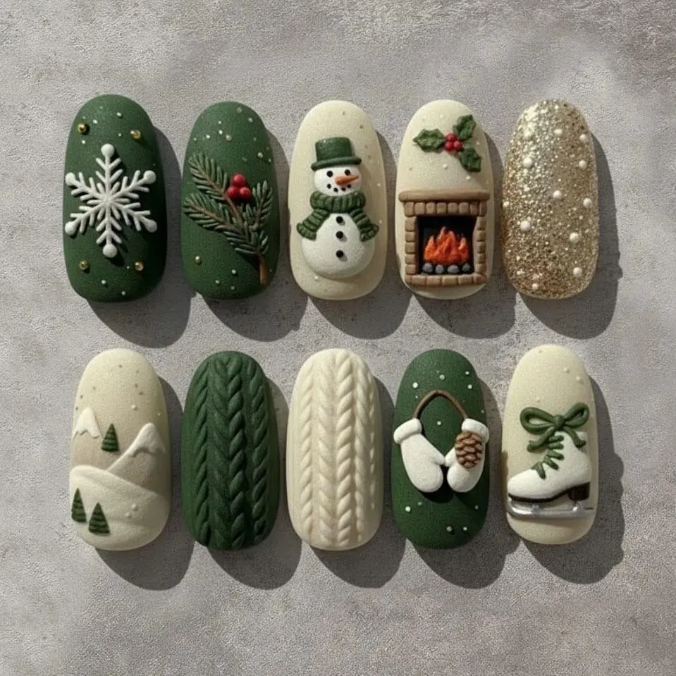 Cozy Green & Cream Winter Press-On Nails – 3D Snowflake, Snowman And Fireplace Christmas Nail Set – Knitted Sweater Holiday Nail Art