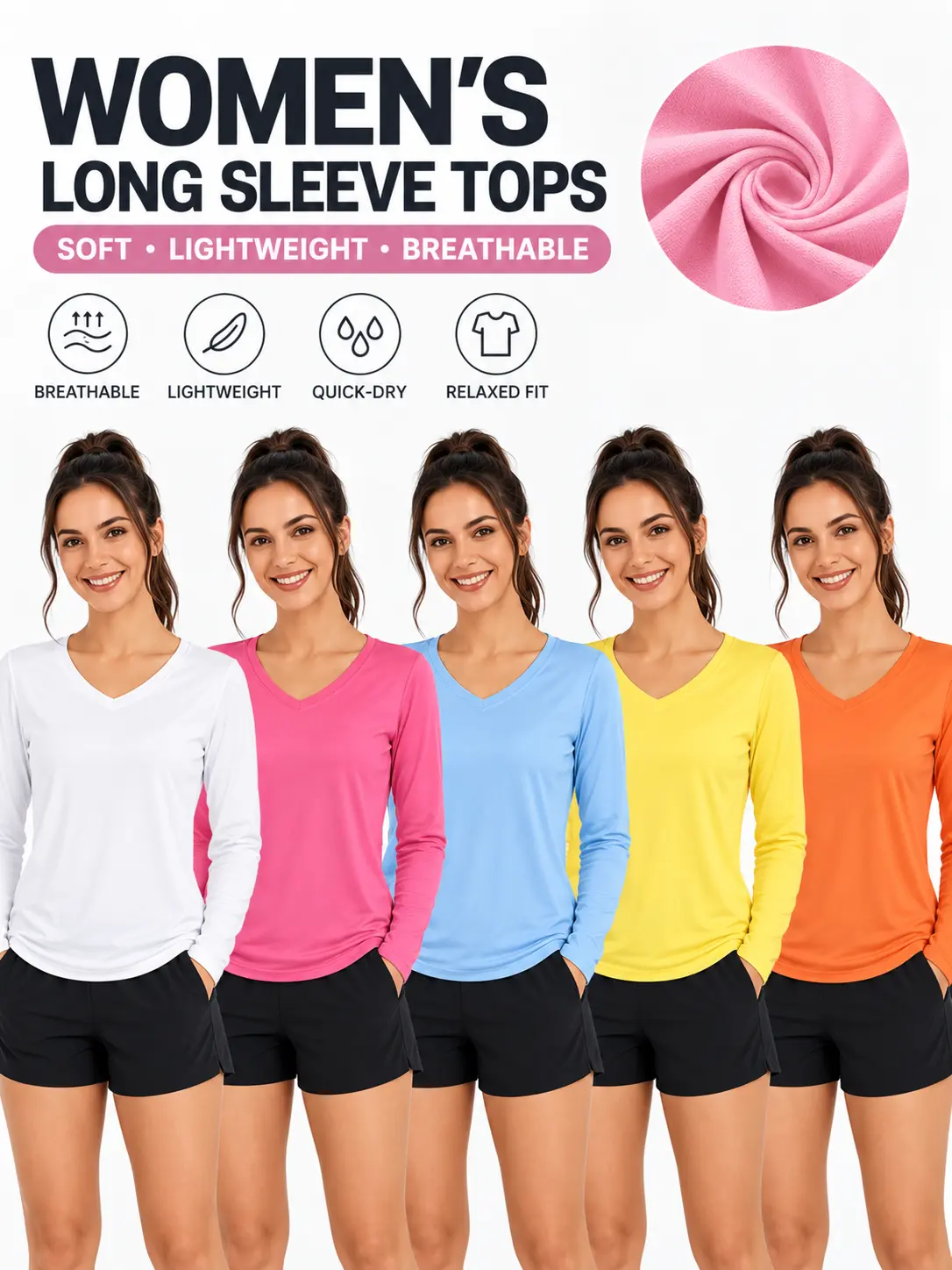 Women’s 5-Piece V-Neck Long Sleeve Tops, Lightweight Polyester Fine-Knit Relaxed-Fit Casual Multi-Color Set