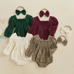 Infant Baby Girl Romper Smocked Bubble Bodysuit Square Neck Ruffle  Jumpsuit Casual Cute Spring Clothes
