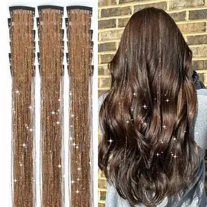 18pcs Hair Tinsel Clip in Hair Tinsel Kit Glitter Tinsel Hair Extensions 20Inch Sparkling Fairy Hair Tinsel Shiny Hair Accessories for Women Girls Kids (Brown)