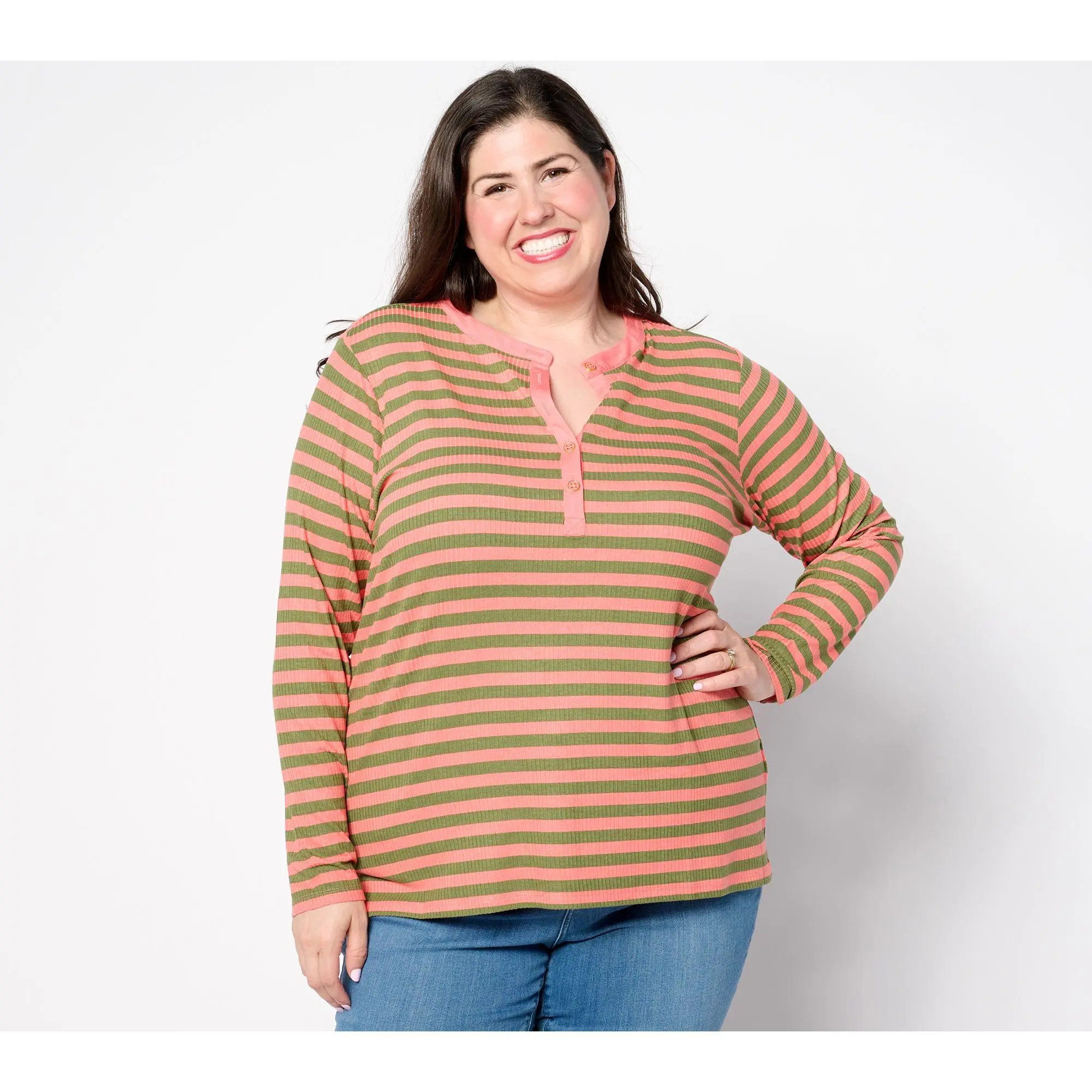 Belle by Kim Gravel Rayon Spandex Ribbed Mini Striped Henley