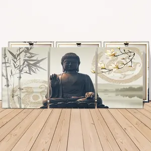 3 Counts Wooden Framed Canvas Painting, Peaceful Buddha Statue With Bamboo And Magnolia, Exquisite Poster, Perfect Living Room Decoration, Modern Art, Fashion Family Poster, Wall Art Decoration, Waterproof Art
