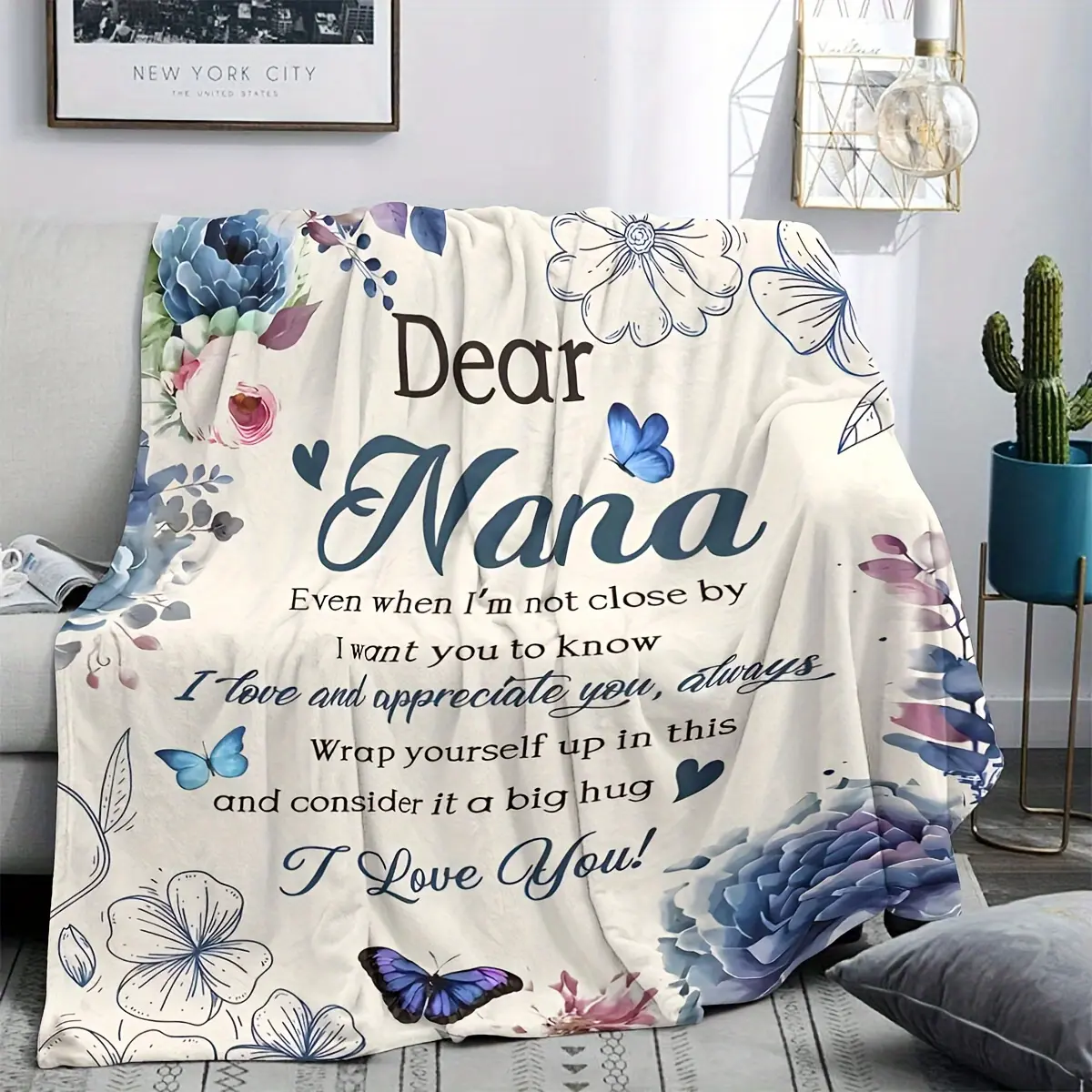 Floral Print Nana Gift Blanket - Heartfelt Message Throw, Soft 280GSM Flannel Material for Sofa Bed Office Camping, Grandmother's Day Birthday Special Occasions
