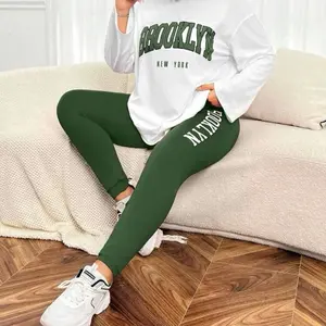 SHEIN EZwear Women's Plus Size Brooklyn New York Letter Print Round Neck T-Shirt & Green Leggings Set Everyday Matching