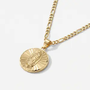 San Judas y Virgencita Reversible Pendant in 14K Gold Plated With Figaro Chain 22'' in 3MM in Gold 14K Plated