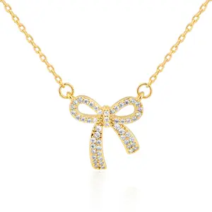 Aprilery “Gold-Tone Pavé Bow Necklace” - Dainty Romantic Jewelry for Feminine Style & Sweet Occasions