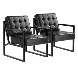 Comfortable & Stylish Mid Century Modern PU Leather Accent Chairs – Set of 2 Upholstered Armchairs with Thick Cushions, Sturdy Metal Frames, Ideal for Living Room, Bedroom, Office, Lobby – Black