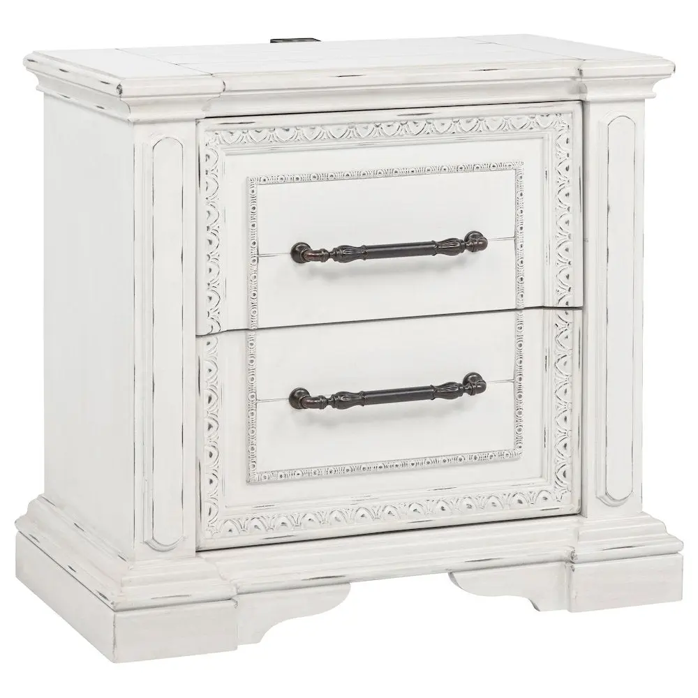 McKinney 2-Drawer Vintage White Indoor Nightstand, Poplar Wood, Ornate Carving, Antique Bronze Accents, Dual USB Ports, Storage Furniture for Bedrooms