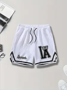 Men's Los Angeles LA 1987 Retro Jersey Basketball Shorts - "LA" Print White Athletic Shorts, Drawstring Waist Loose Fit, Breathable Summer LA Streetwear