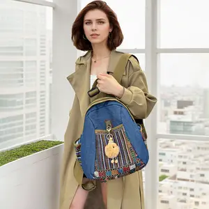 Women's Durable Denim Backpack with Side Pockets Design, National-style Rucksack Trendy Shoulder Bag with Top Handle for Travel and Christmas Presents