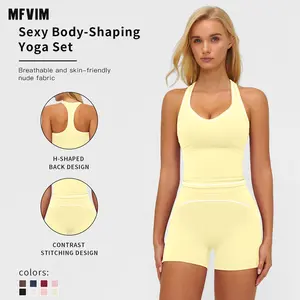 MFVIM Women's Solid Crop Sports Bra & High Waist Gym Shorts Tracksuit Set, High Stretch Casual Breathable Comfortable Quick Drying Spaghetti Strap Backless Sports Bra & Drawstring Waist Skinny Shorts for Yoga Gym Workout, Ladies Sportswear for All Seasons