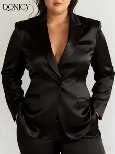 Women's Plus Size Satin Single Button Long Sleeve Blazer Jacket Fit, Autumn Winter Business Casual Elegant Office Commute Formal Wear Top