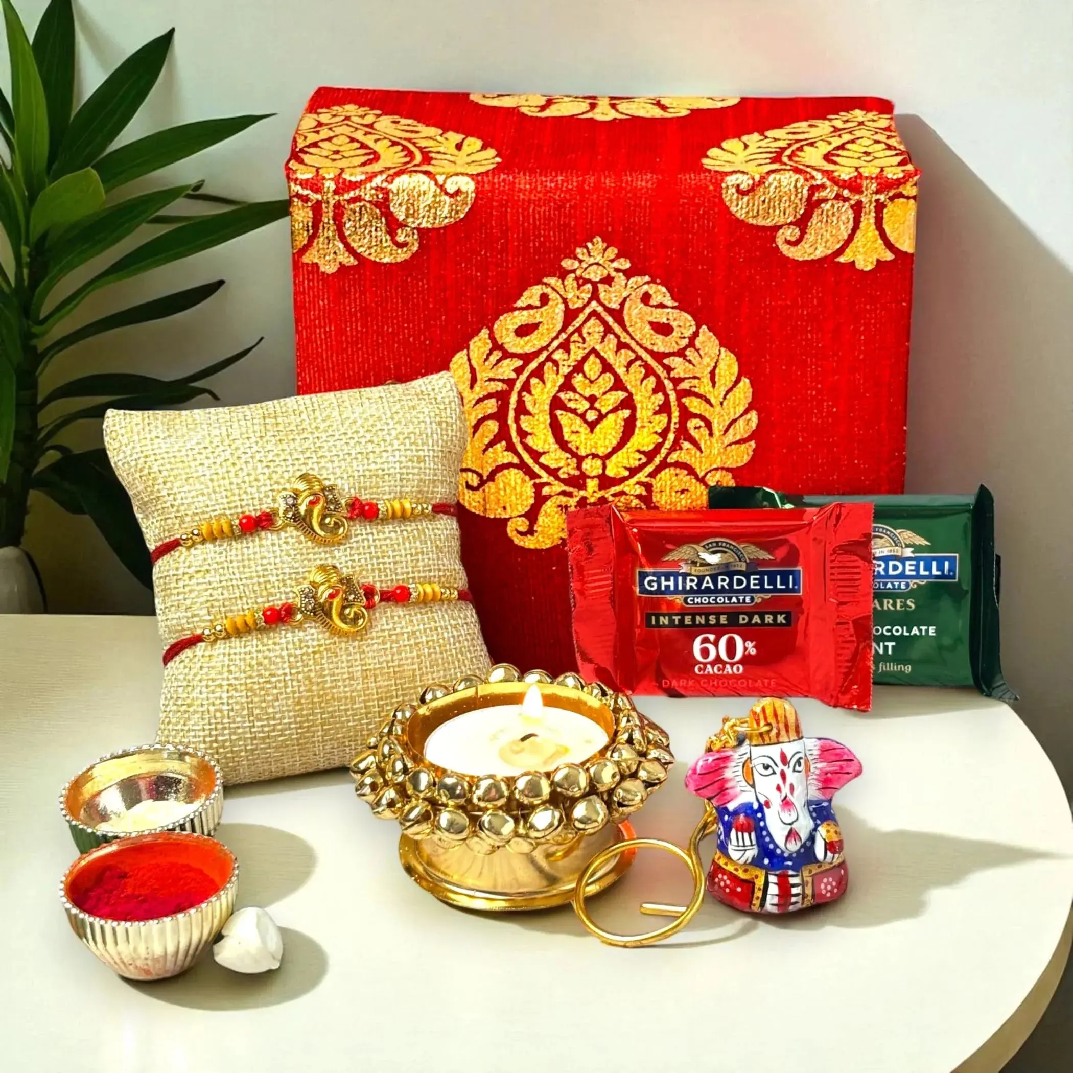 Elegant Rakhi Gift Hamper Set | Luxurious Rakhi & Pooja Plate | Celebrate Raksha Bandhan with Love & Protection | Sacred Gifts for Bhai & Bhabhi