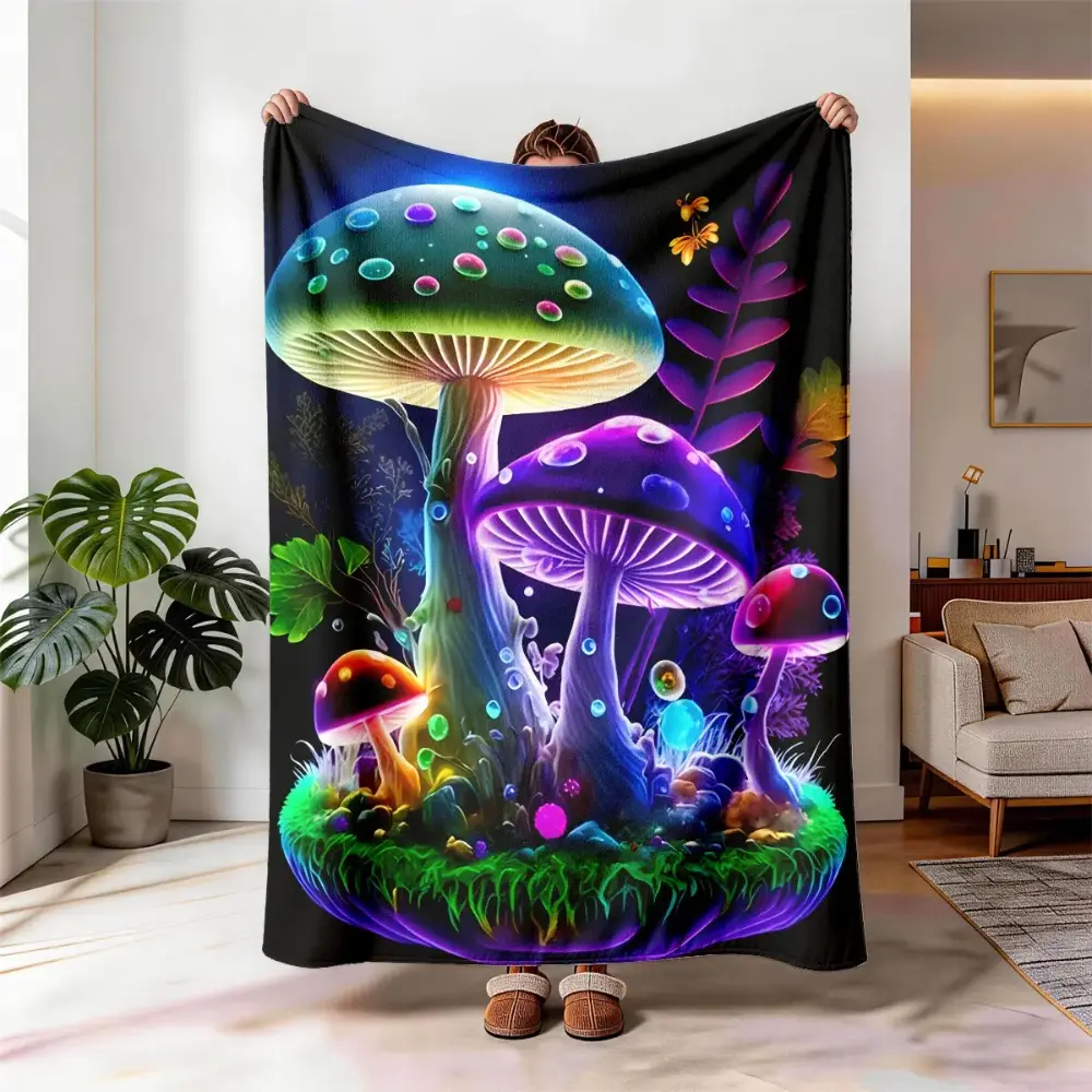 Neon Dream Mushroom Fantasy Flannel Blanket, 40 – 56 In Large Size, Soft Lightweight, All-Season, Ideal for Bed, Sofa, Camping