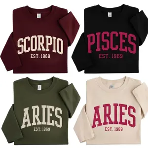 All 12 Vintage Zodiac Sign T-Shirts – Aries Pisces Scorpio Est 1969 Graphic Crewneck for Men and Women, Soft Horoscope Shirt, Bold College Letter Design, Zodiac Lover Gift