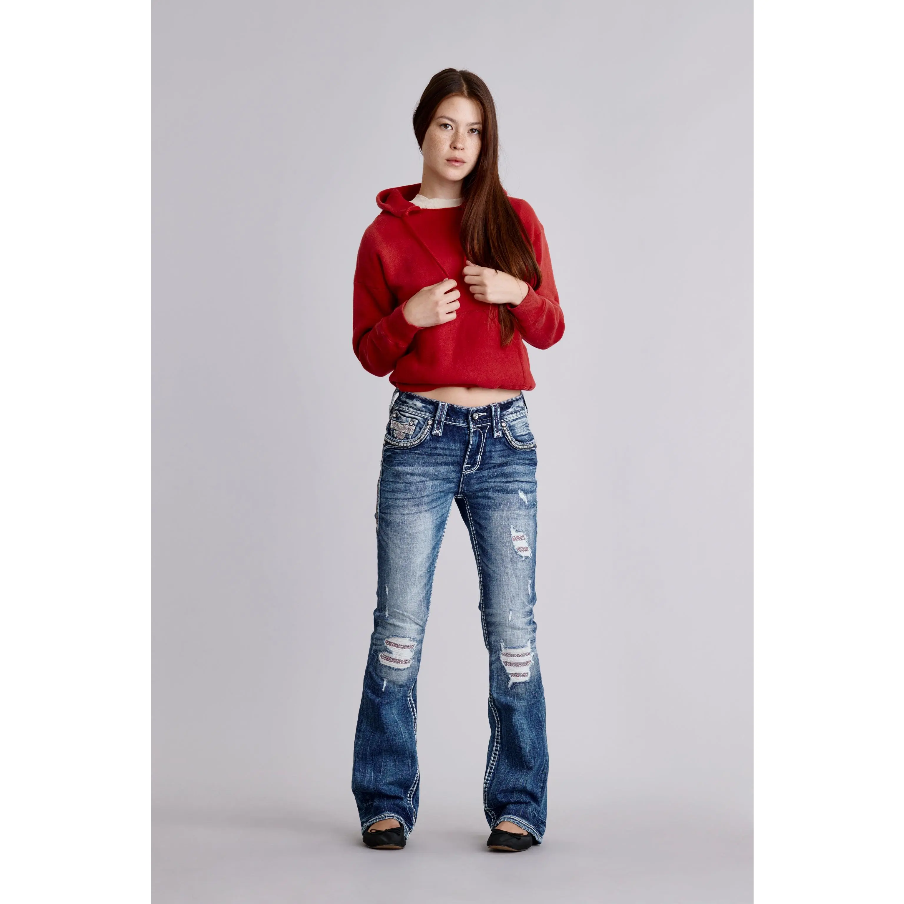 Rock Revival Women's Ruby Flared Bootcut Jeans in Medium Wash Stretch Denim with Signature Fleur-de-Lis Pockets for Casual Outfits, Clothes, Women's Clothes, Bootcut Fit, Pants, Embroidery, Bottoms, Leather, Boot Cut Jeans, Casual Wear, Lady, Flare Pants