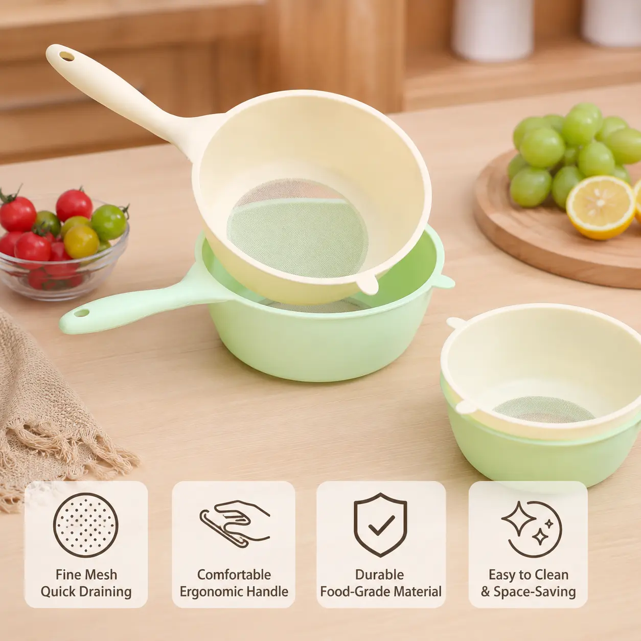 1 Count, Fine Mesh Kitchen Strainer with Long Handle, Hanging Design for Filtering Rice and Washing Fruits and Vegetables