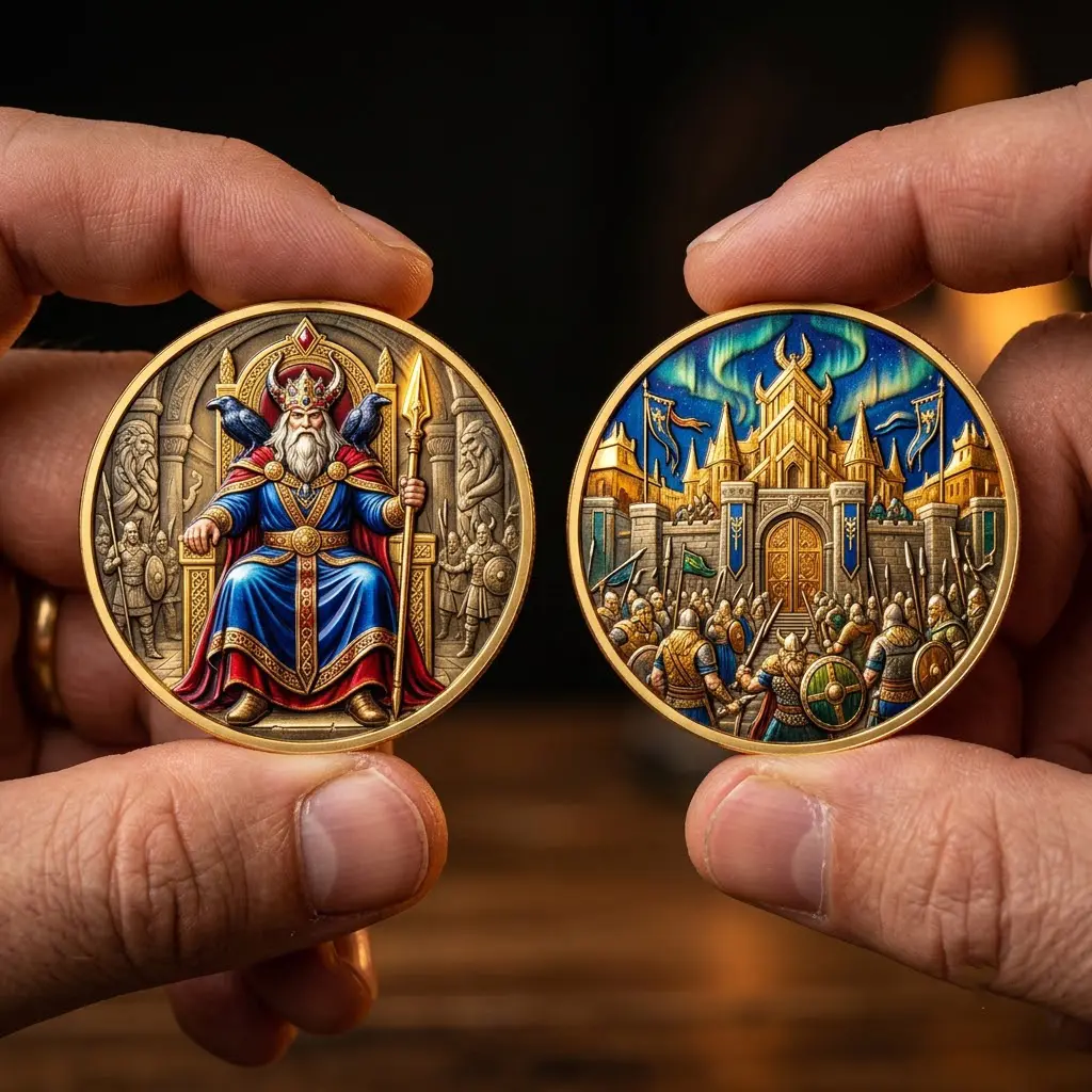 Viking Metal Coin - Double-Sided Norse God of Thunder Challenge Token, Mjolnir Hammer Home Decor Souvenir, Unique Gift for Him