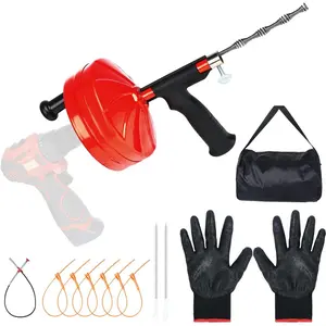 50 Ft Drain Auger,Use Manually or Drill  50  Drain Snake,Heavy Duty Flexible Plumbing Snake,With Gloves and Storage Bag for Kitchen Sink, Shower Drain (50FT, Red)